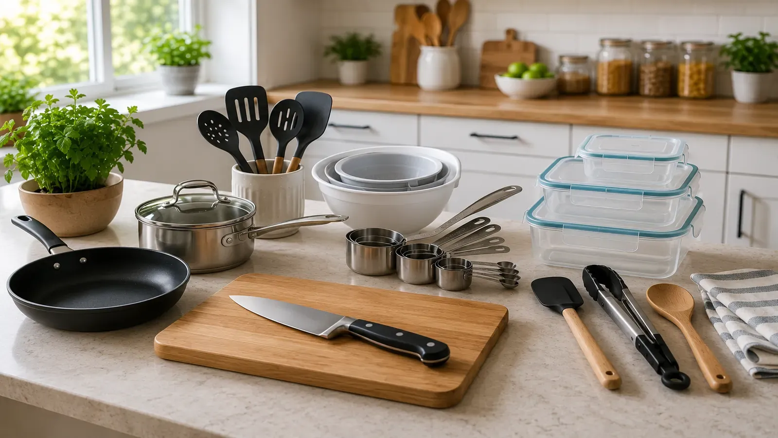 A premium kitchen essentials collection featuring stainless steel cookware, cast iron skillets, mixing bowls, food storage containers, bakeware, stand mixer, coffee maker, toaster, and everyday cooking tools.