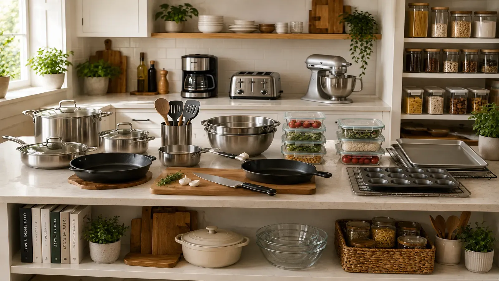 A premium kitchen essentials collection featuring stainless steel cookware, cast iron skillets, mixing bowls, food storage containers, bakeware, stand mixer, coffee maker, toaster, and everyday cooking tools.