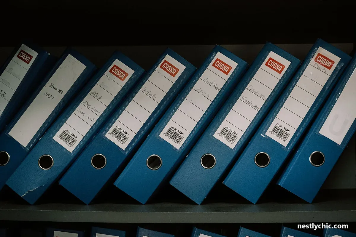 Labelled office binders arranged on a shelf