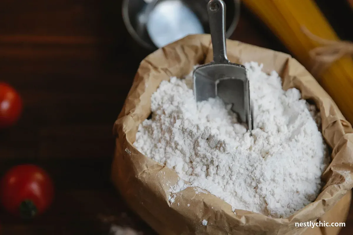 Flour, pasta and measuring cups laid out for a pantry shopping trip