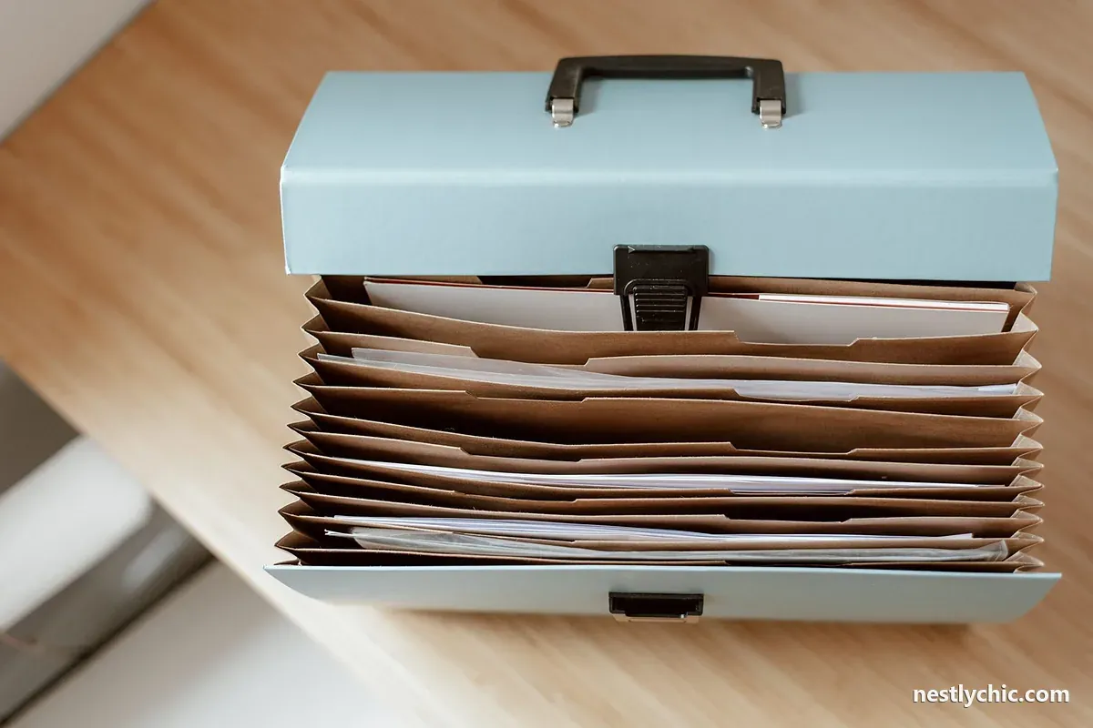 An open document case with papers filed in order