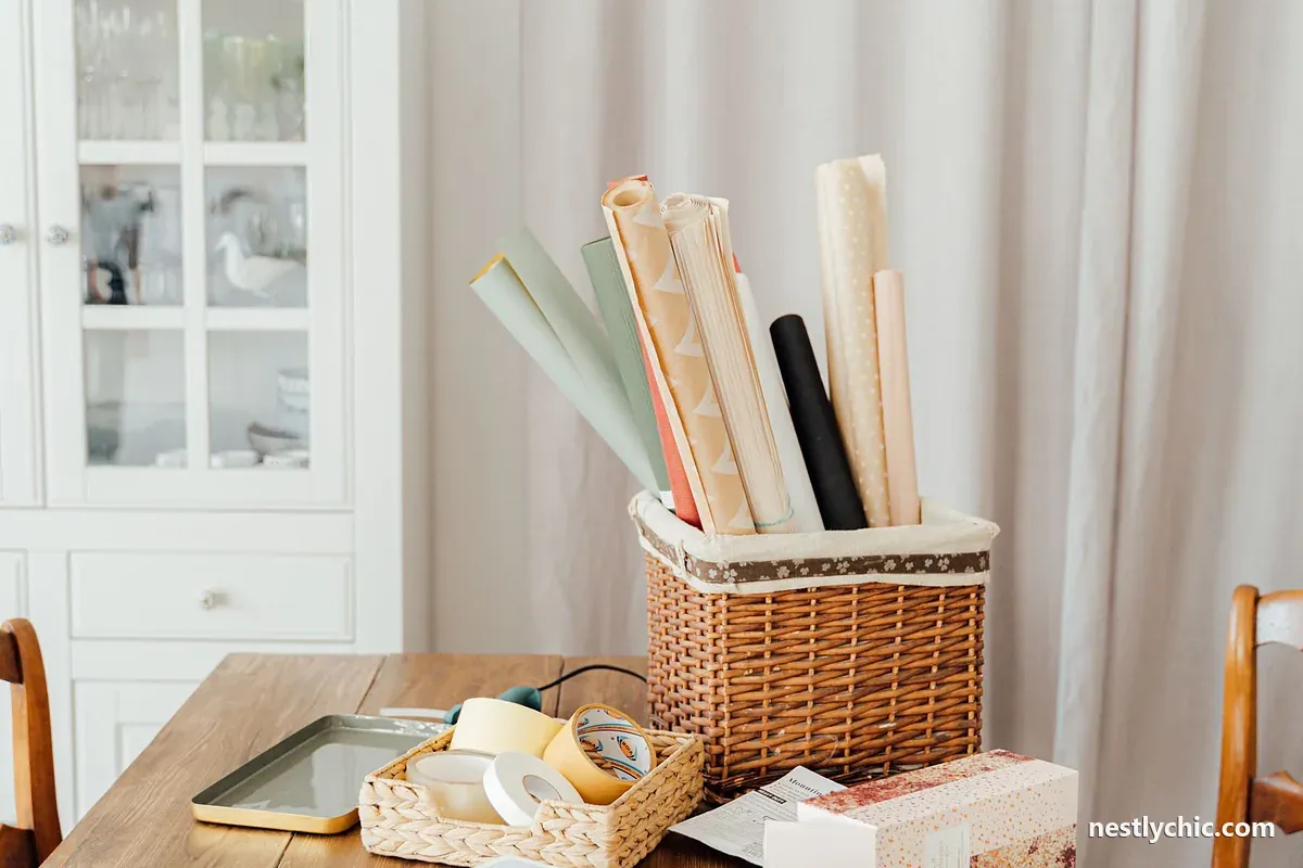 Gift wrapping paper and supplies gathered in a basket