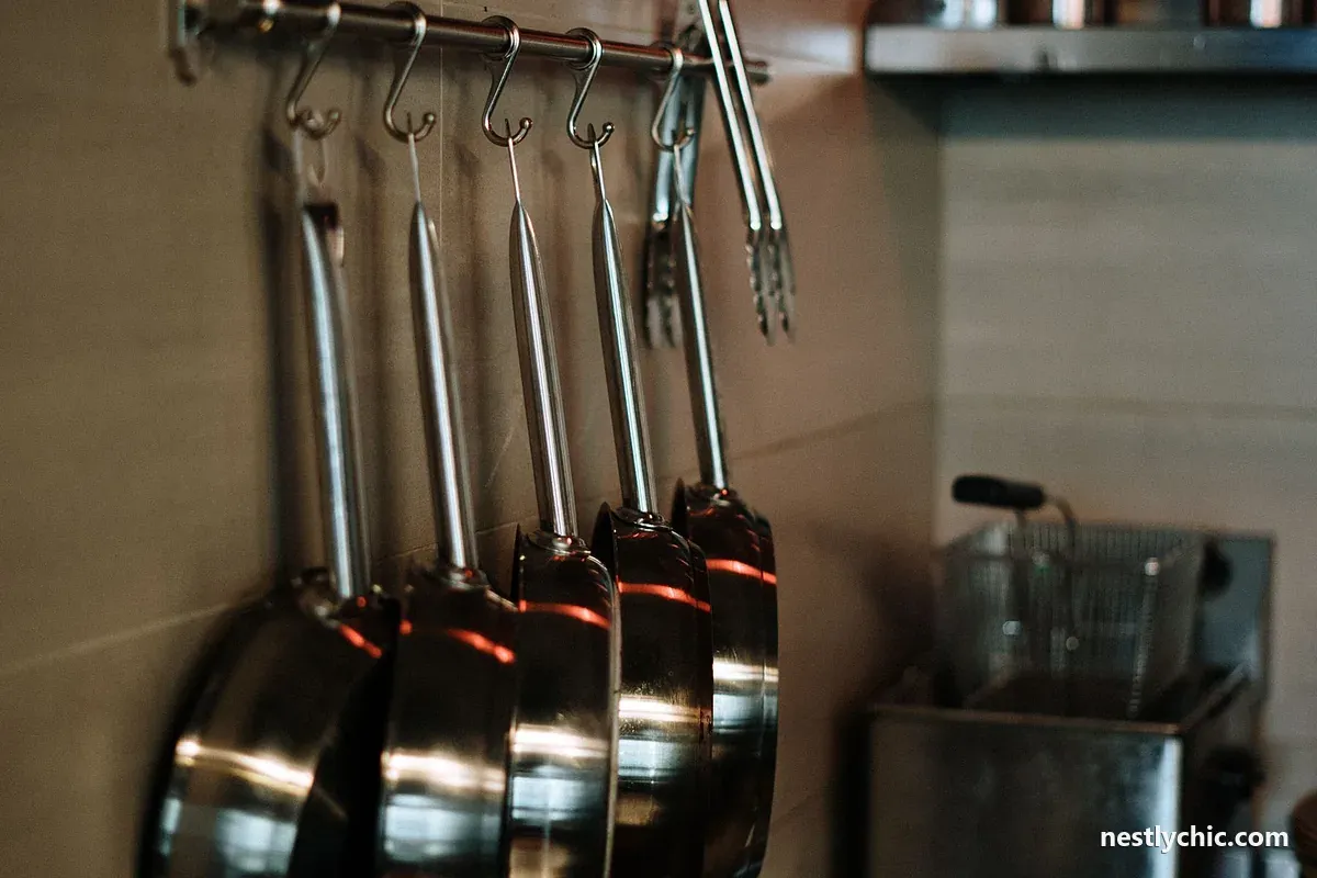 Stainless steel pans hanging from a rail in a kitchen
