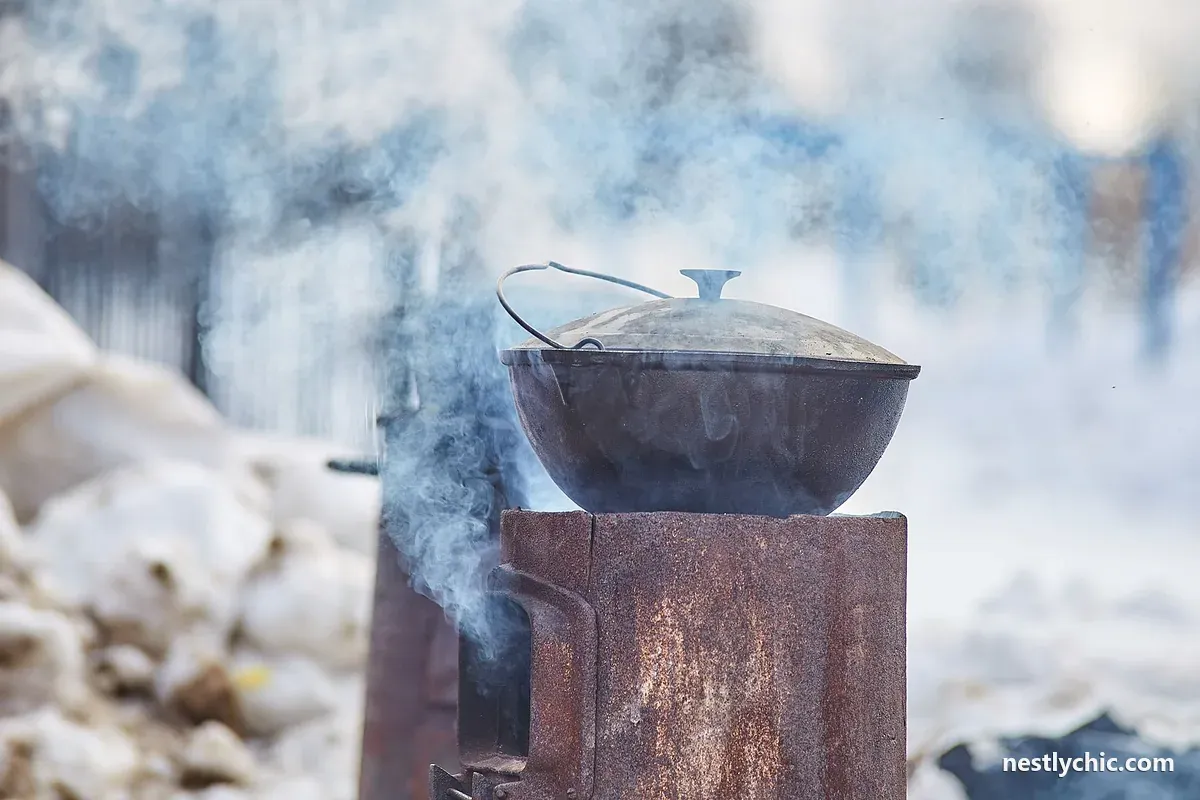 A cast iron pot on an outdoor stove