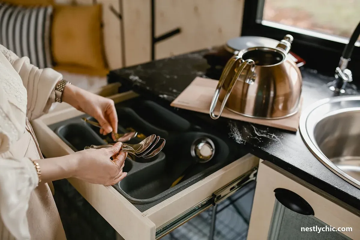 Organizing silverware in a kitchen drawer
