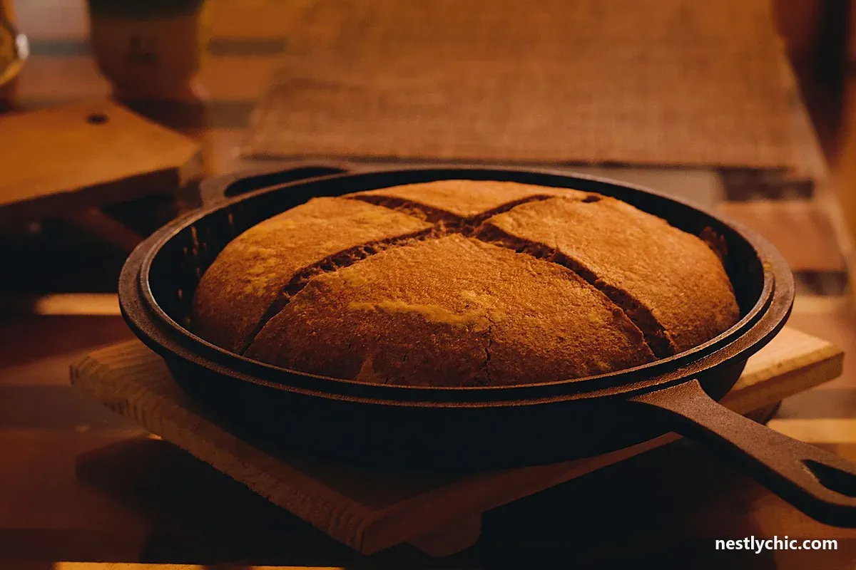 Fresh bread baked in a bare cast iron skillet