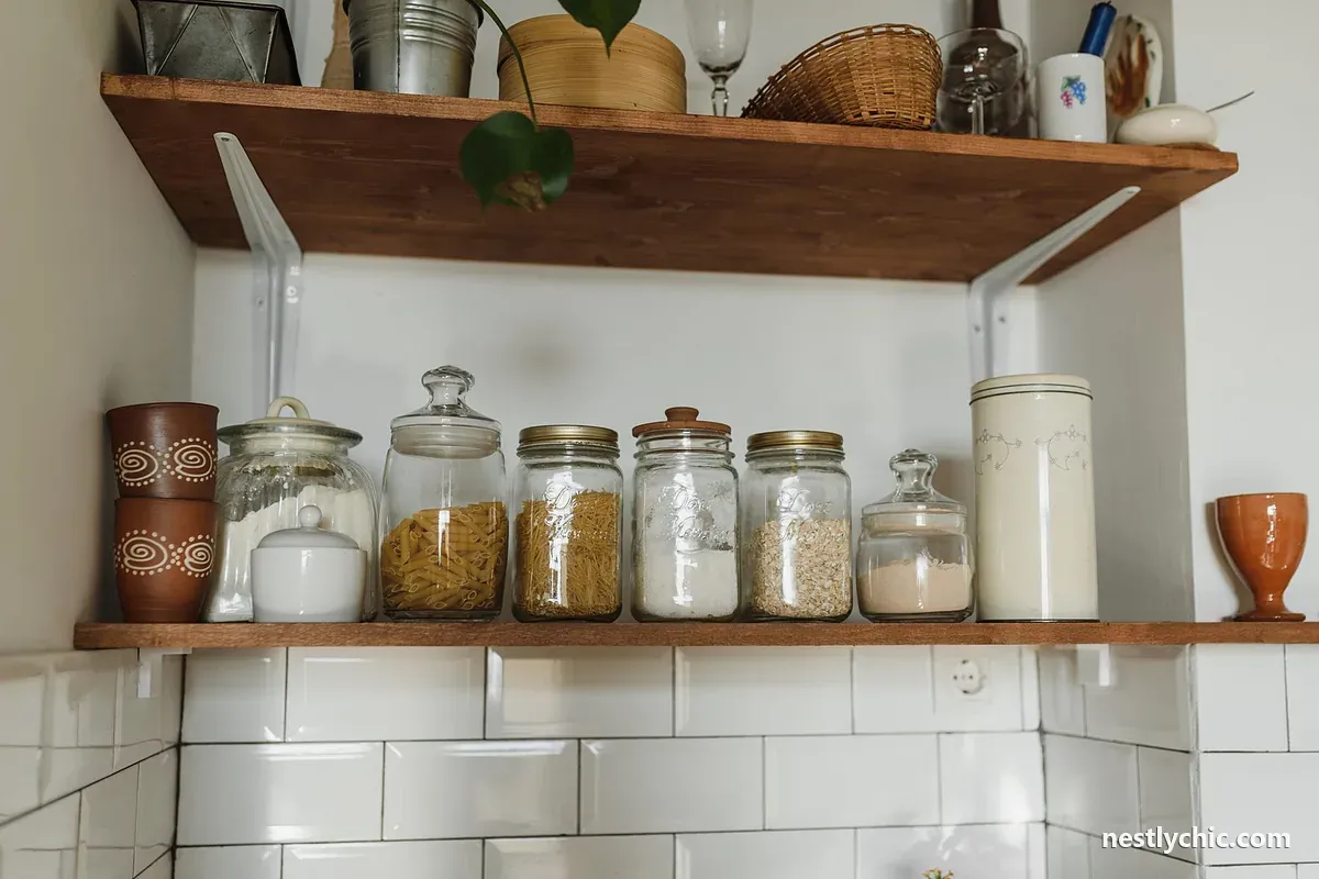 Kitchen shelves with jars and storage containers