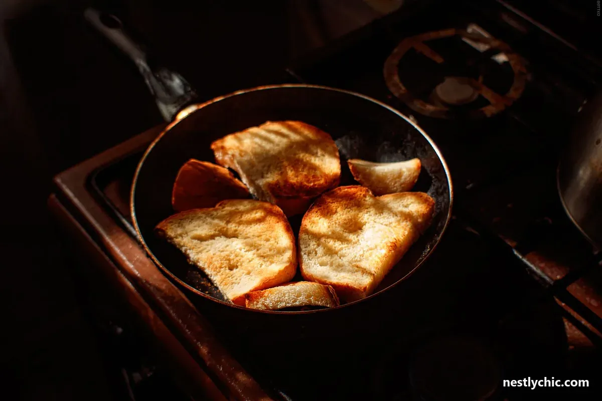 Golden toast cooking in a skillet