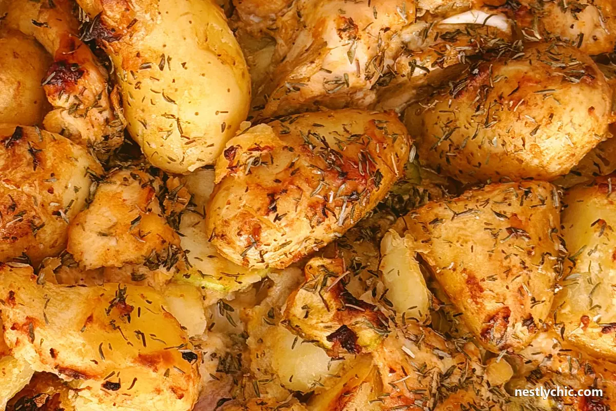 Roasted chicken and potatoes on a tray