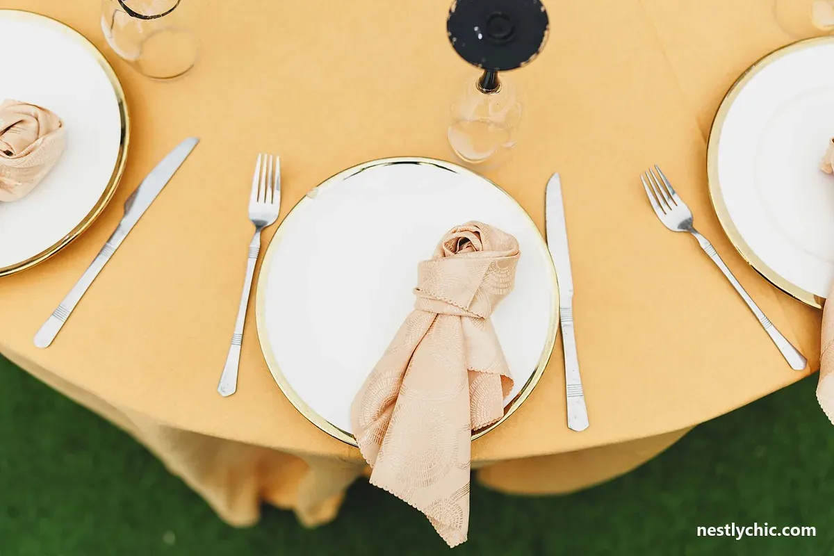 A table setting with a white plate and folded napkin
