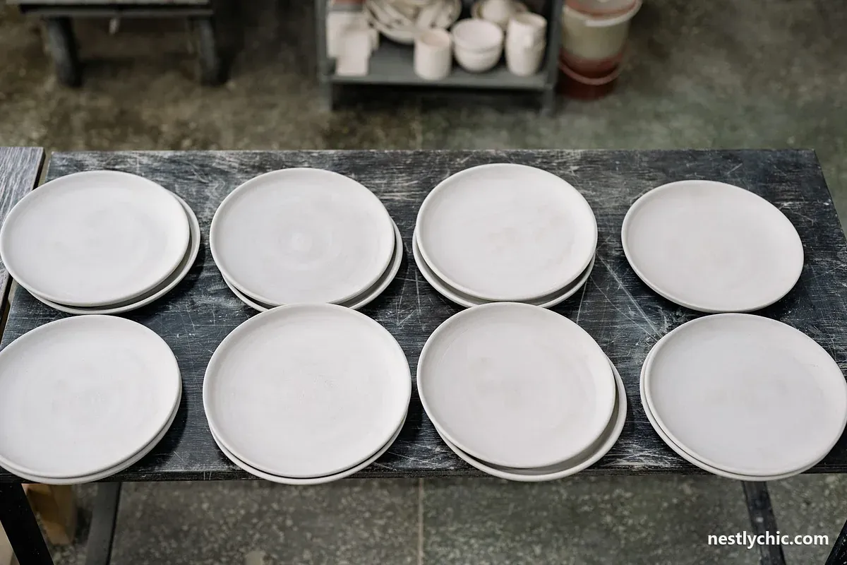 Handmade earthenware plates in a pottery workshop