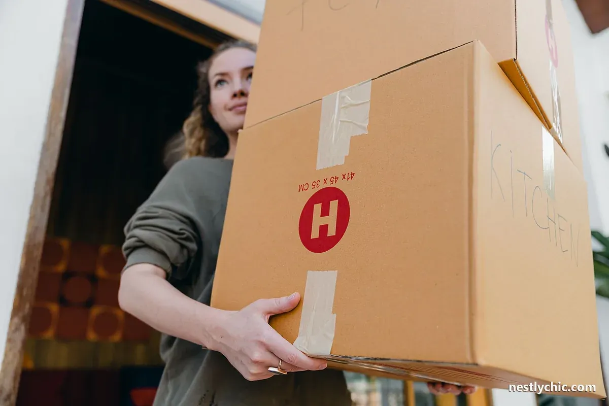 Carrying boxes of kitchen items