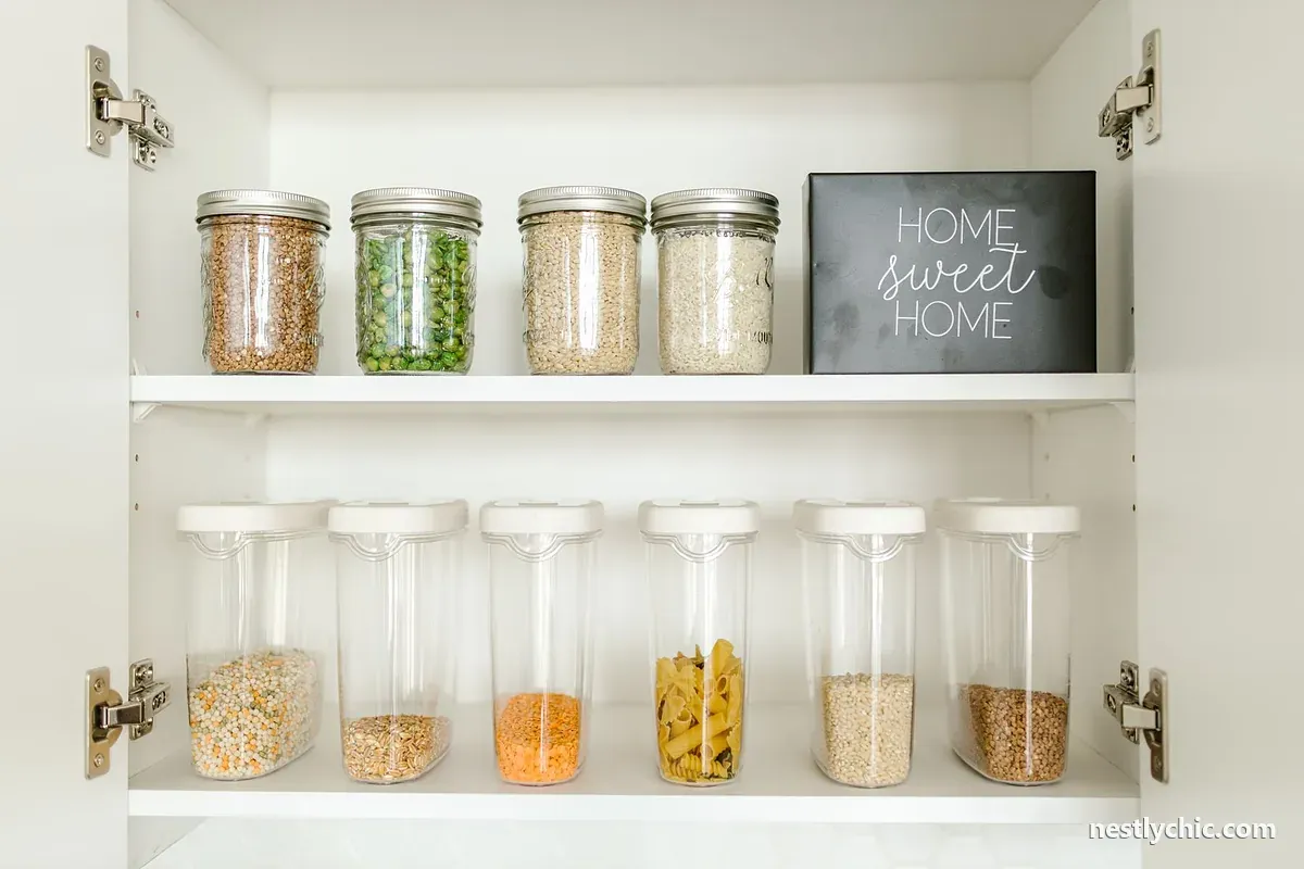 Glass and plastic jars of dry food in a cabinet