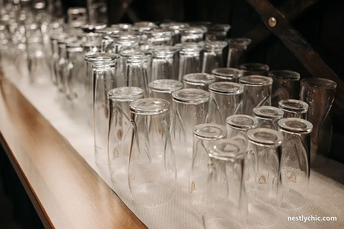 Drinking glasses upside down on a wooden shelf