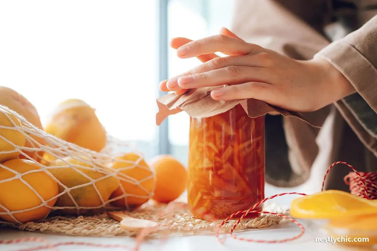Jar of homemade marmalade with oranges