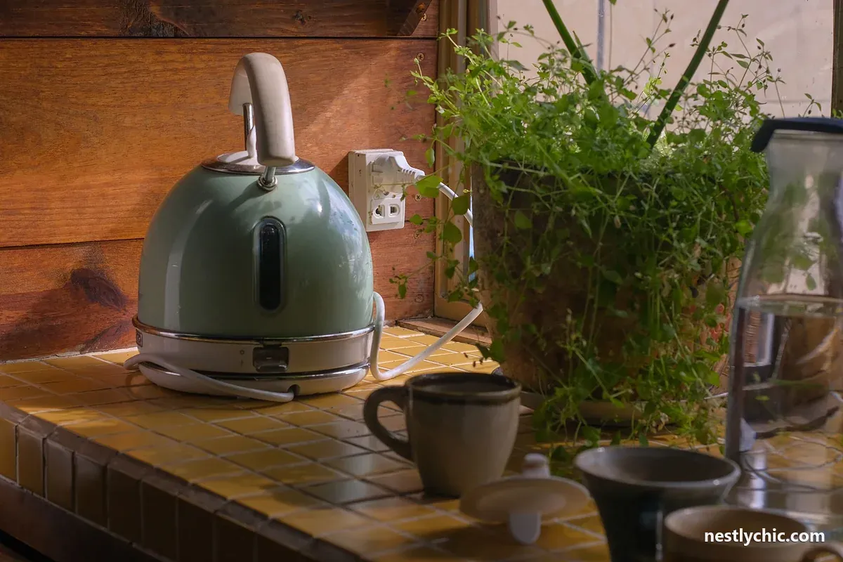 Kitchen counter with an electric kettle and mugs