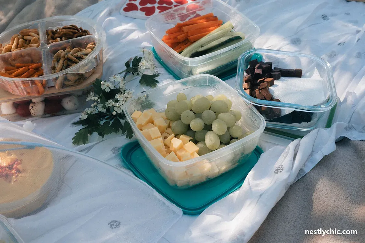 Picnic food packed in lidded containers
