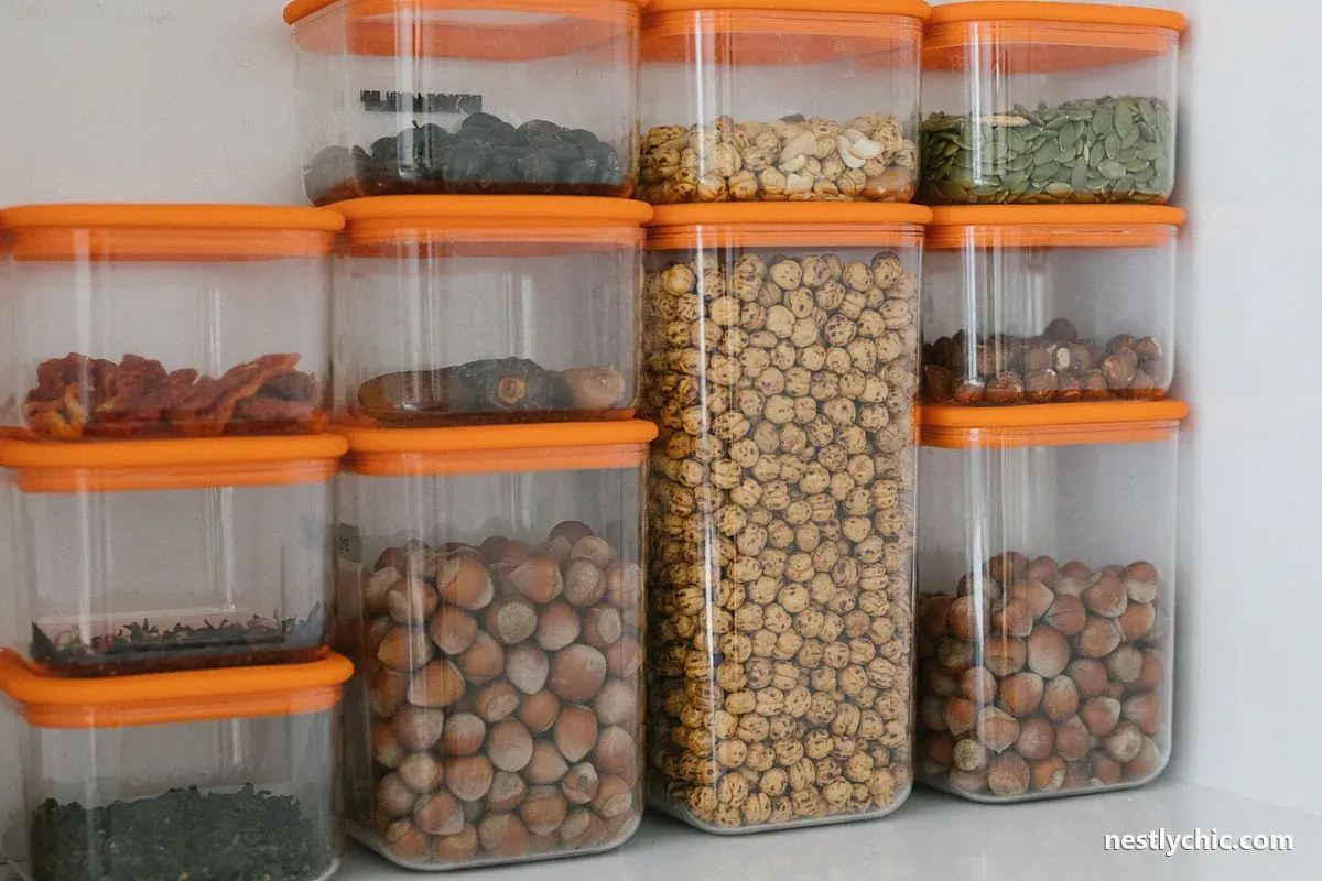 Nuts and grains in plastic containers with lids