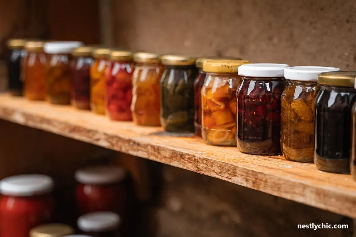 Mason jars arranged on a wooden shelf