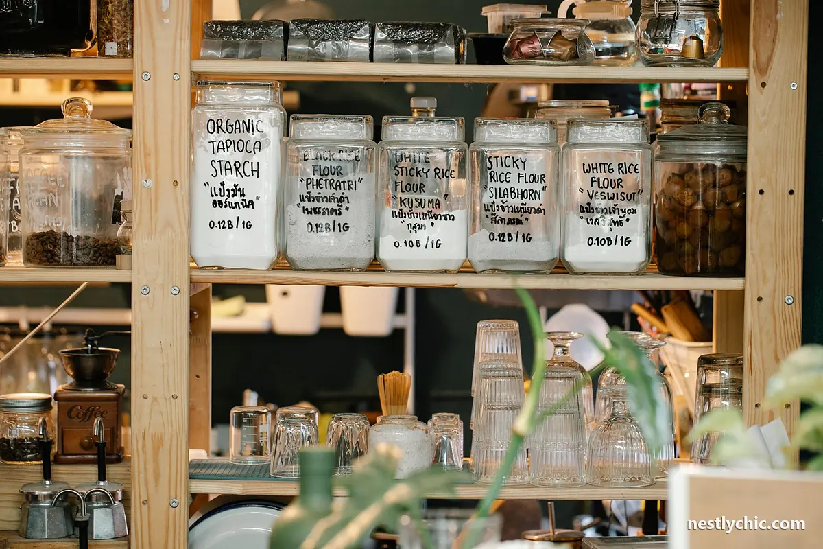 Glass jars of dry food on a wooden surface