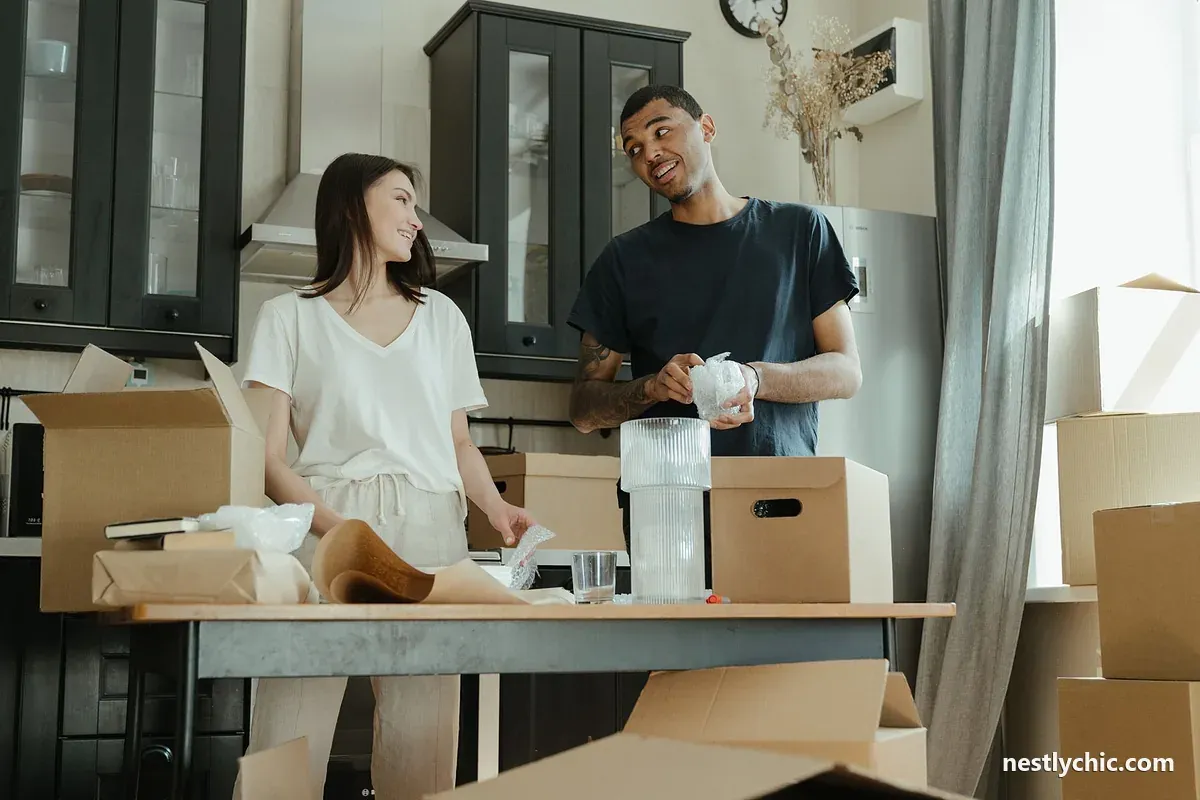 Couple unpacking boxes in a new kitchen