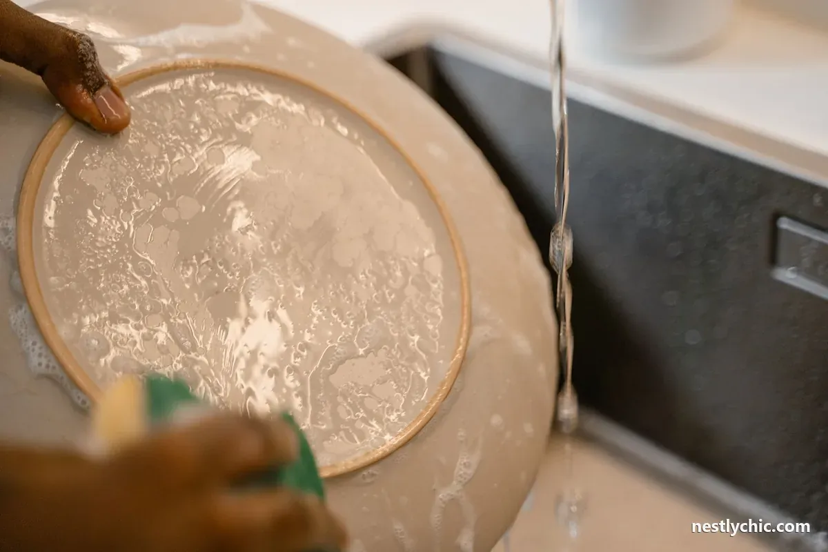 A person handwashing a ceramic plate under running water