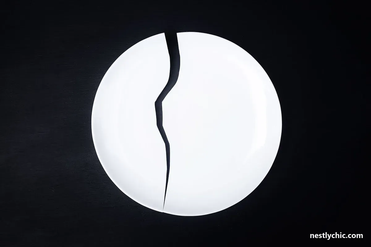 Broken white porcelain plate with a crack