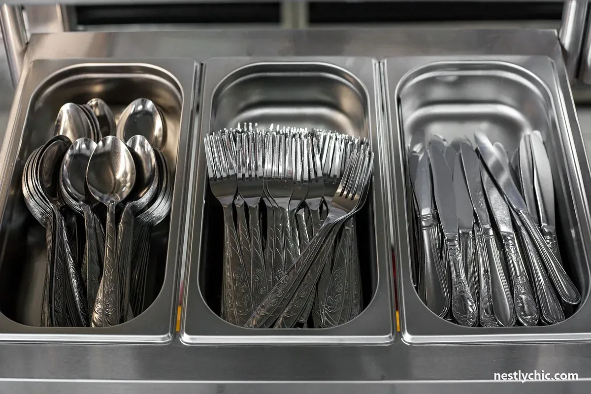 Forks, knives and spoons in metal holders