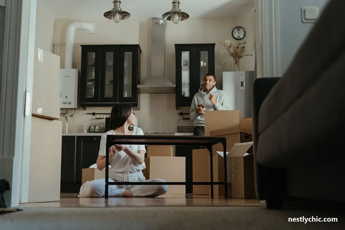 Couple unpacking in a new apartment kitchen