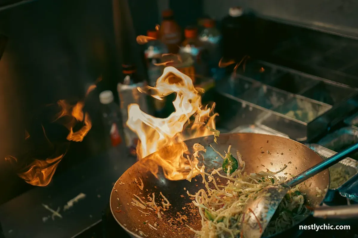 A chef cooking with flames in a professional kitchen