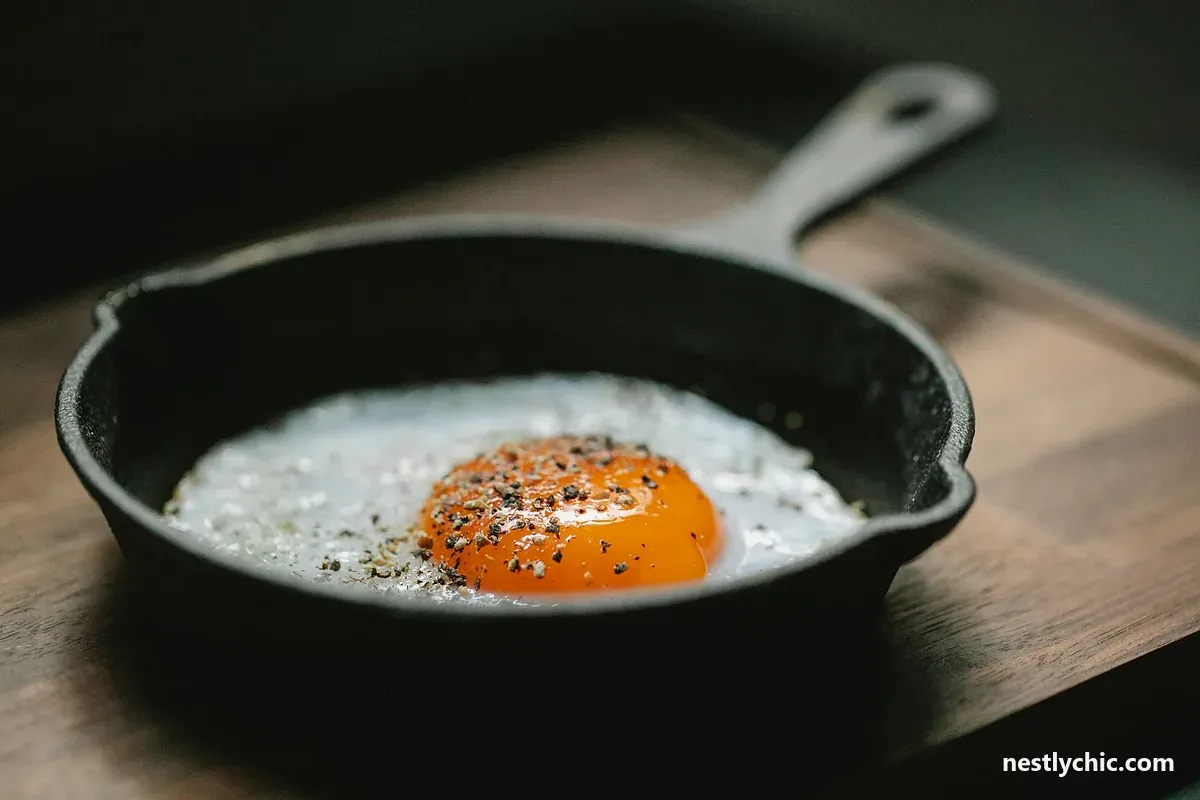 A fried egg cooking in a black cast iron pan