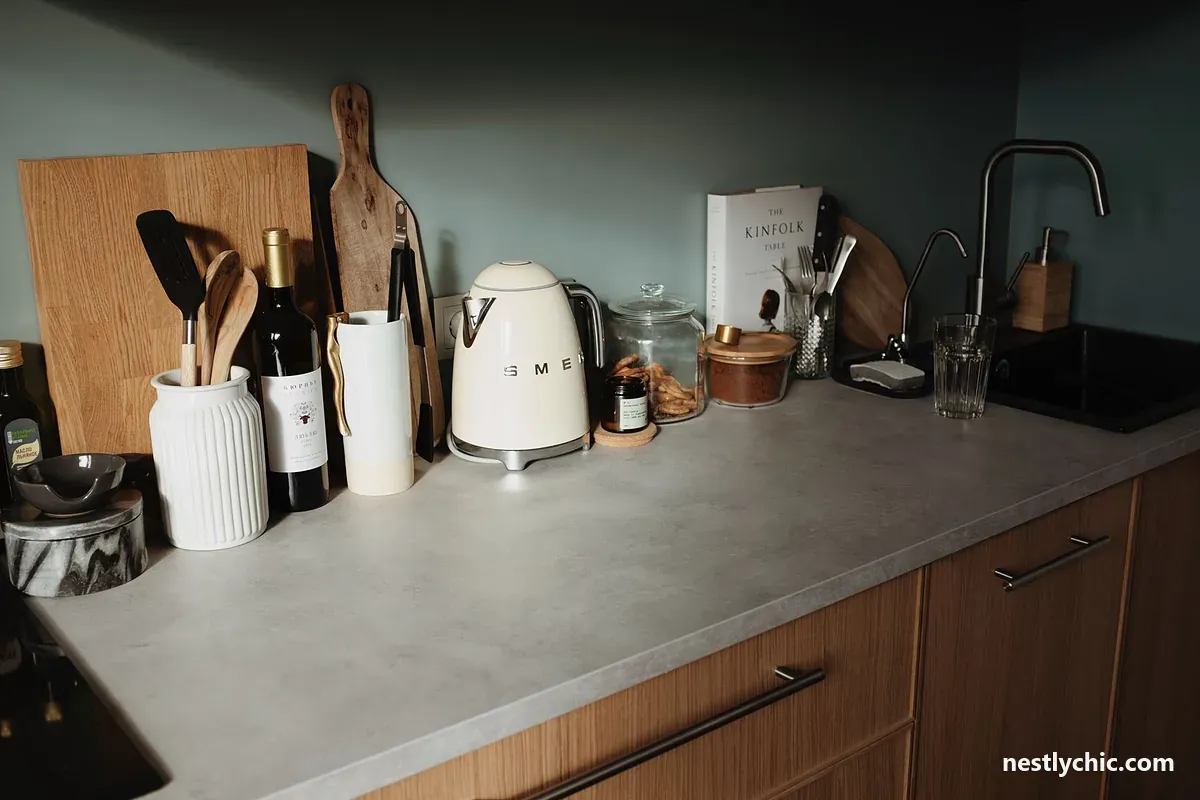 Kitchen counter with a kettle and utensils