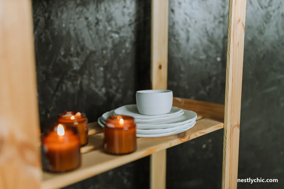 Stacked plates and bowls on a wooden shelf