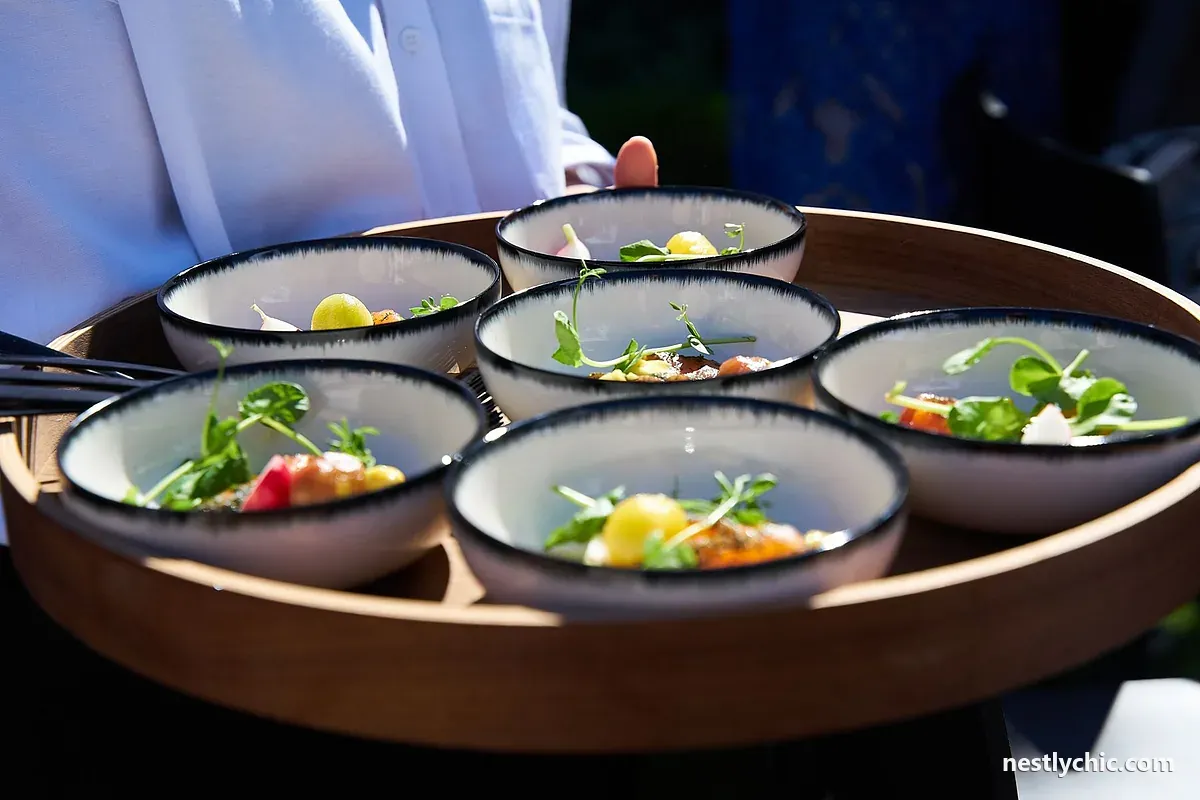 Wooden tray with six salad bowls
