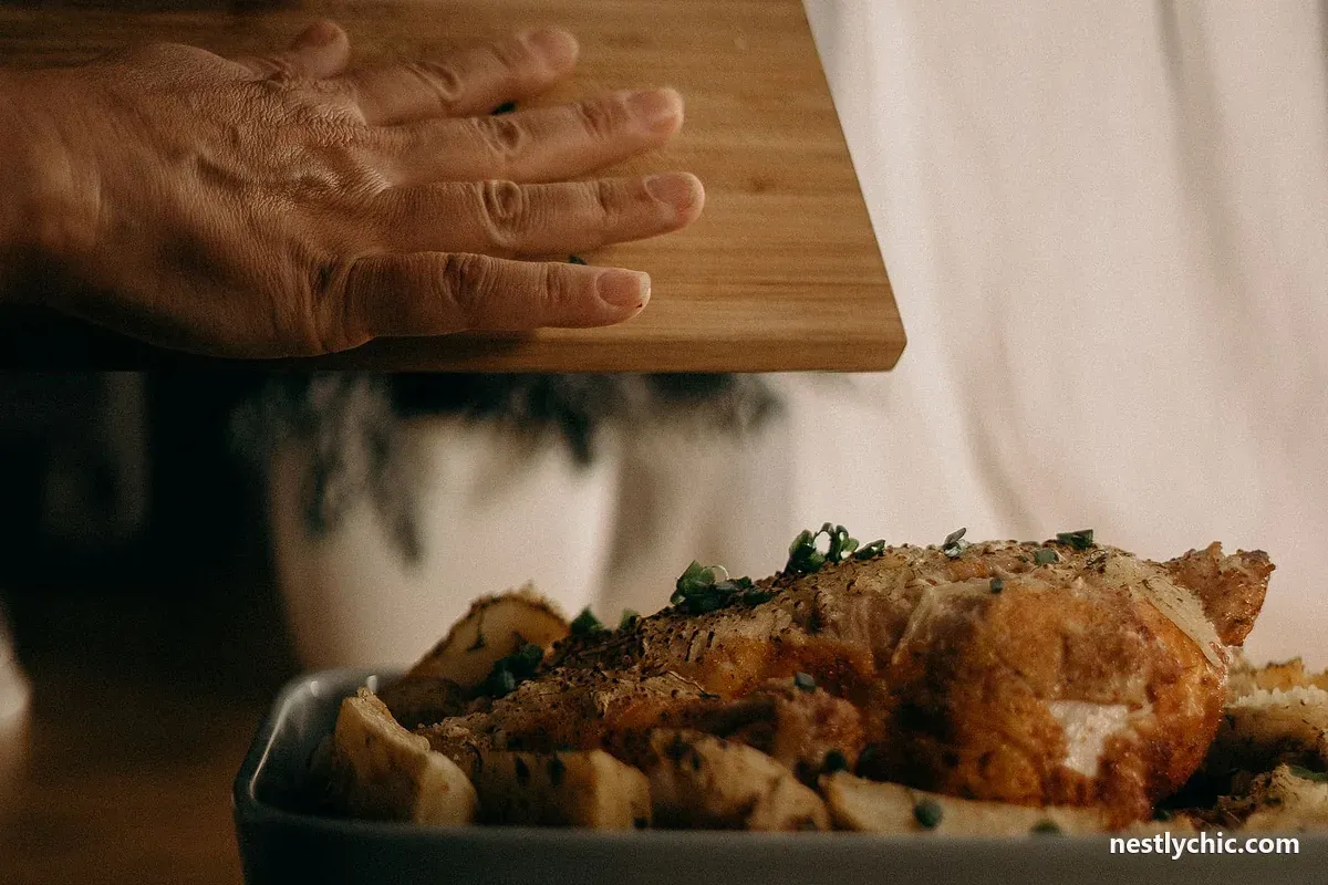 Hands sprinkling herbs over a roast chicken