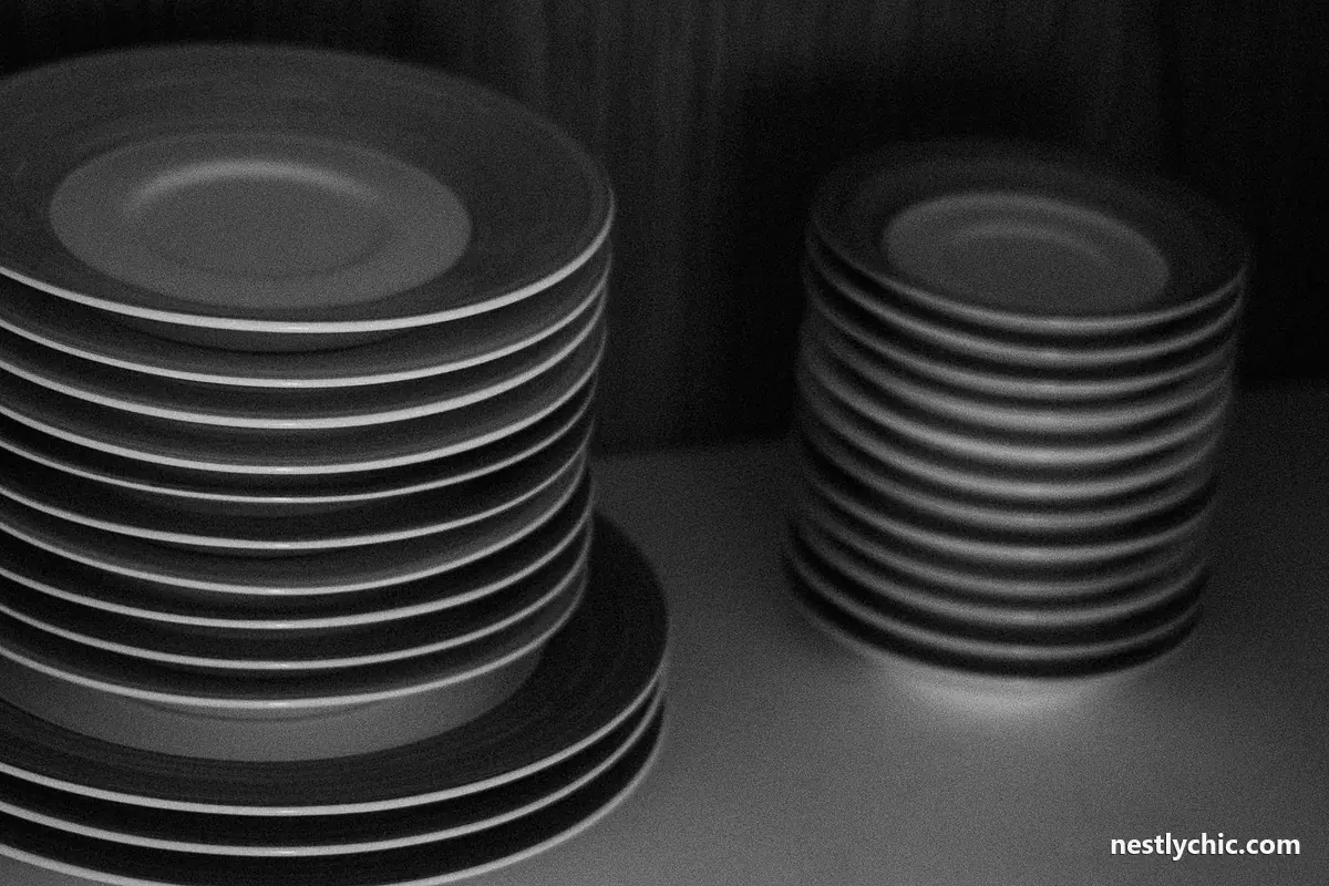 Neatly stacked plates in a kitchen cabinet