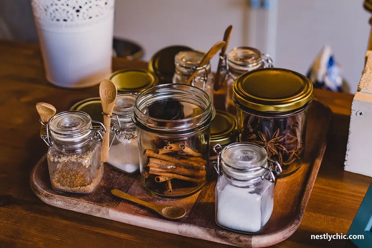 Spice jars on a wooden tray