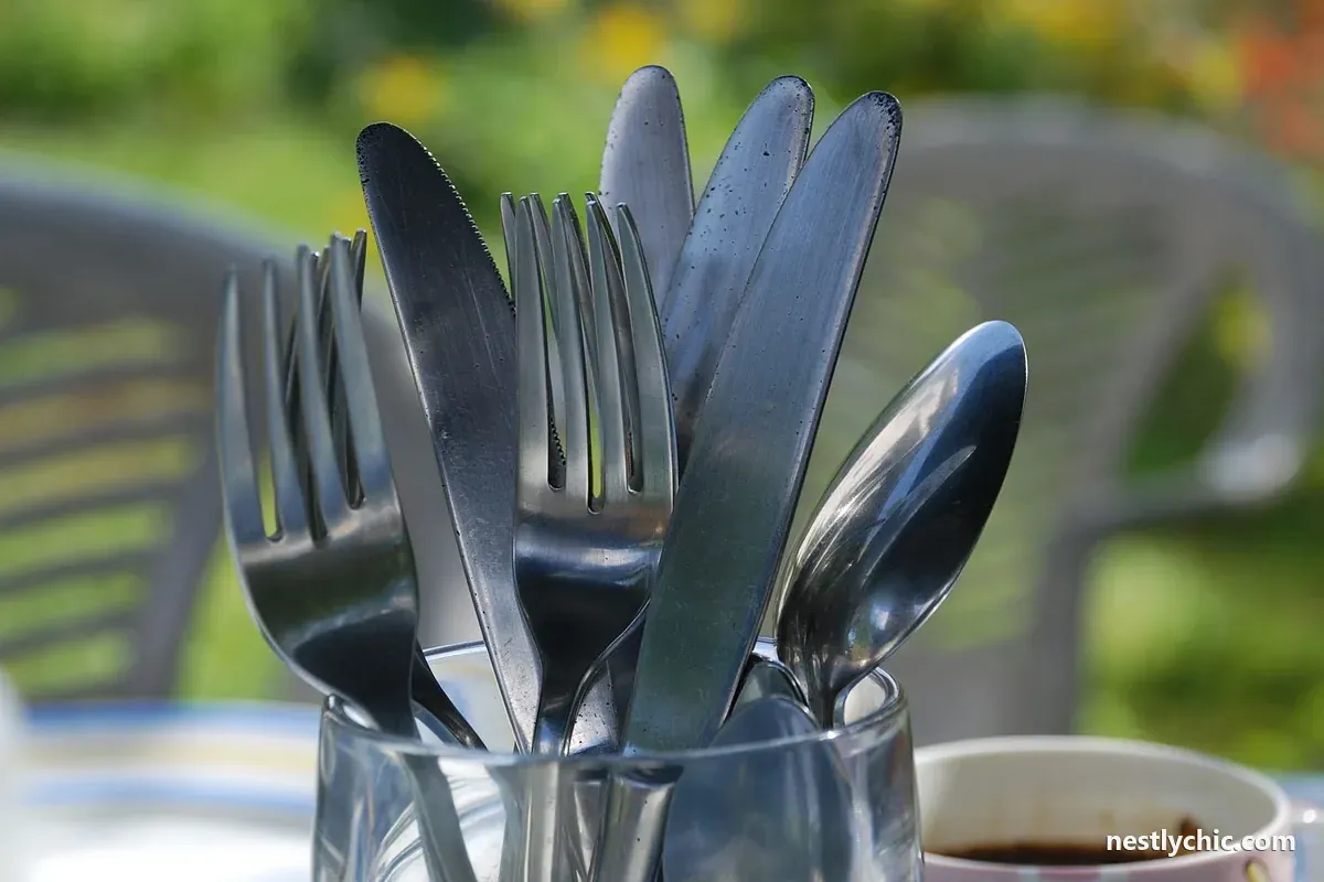 Close-up of mixed stainless steel cutlery