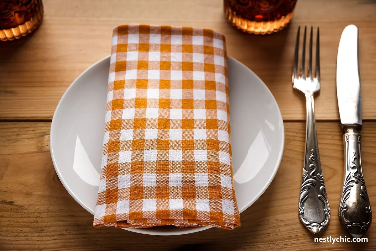 A place setting with a gingham napkin and cutlery
