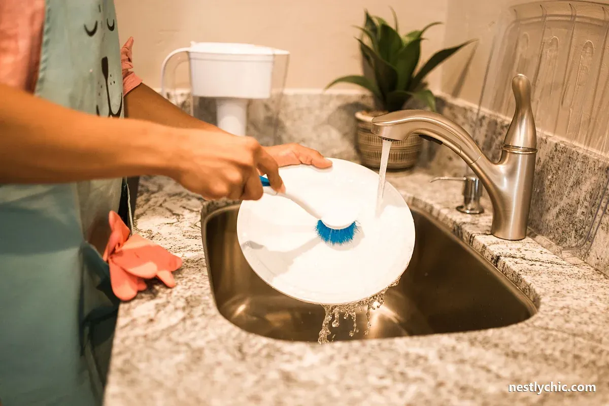 Washing a plate in the kitchen sink