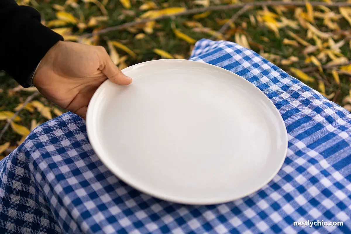 Holding a white plate over a checkered picnic cloth