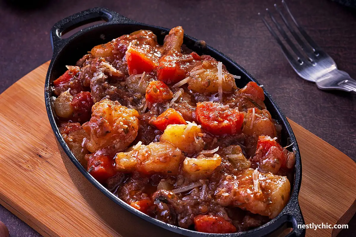 Beef stew cooking in a black cast iron dish