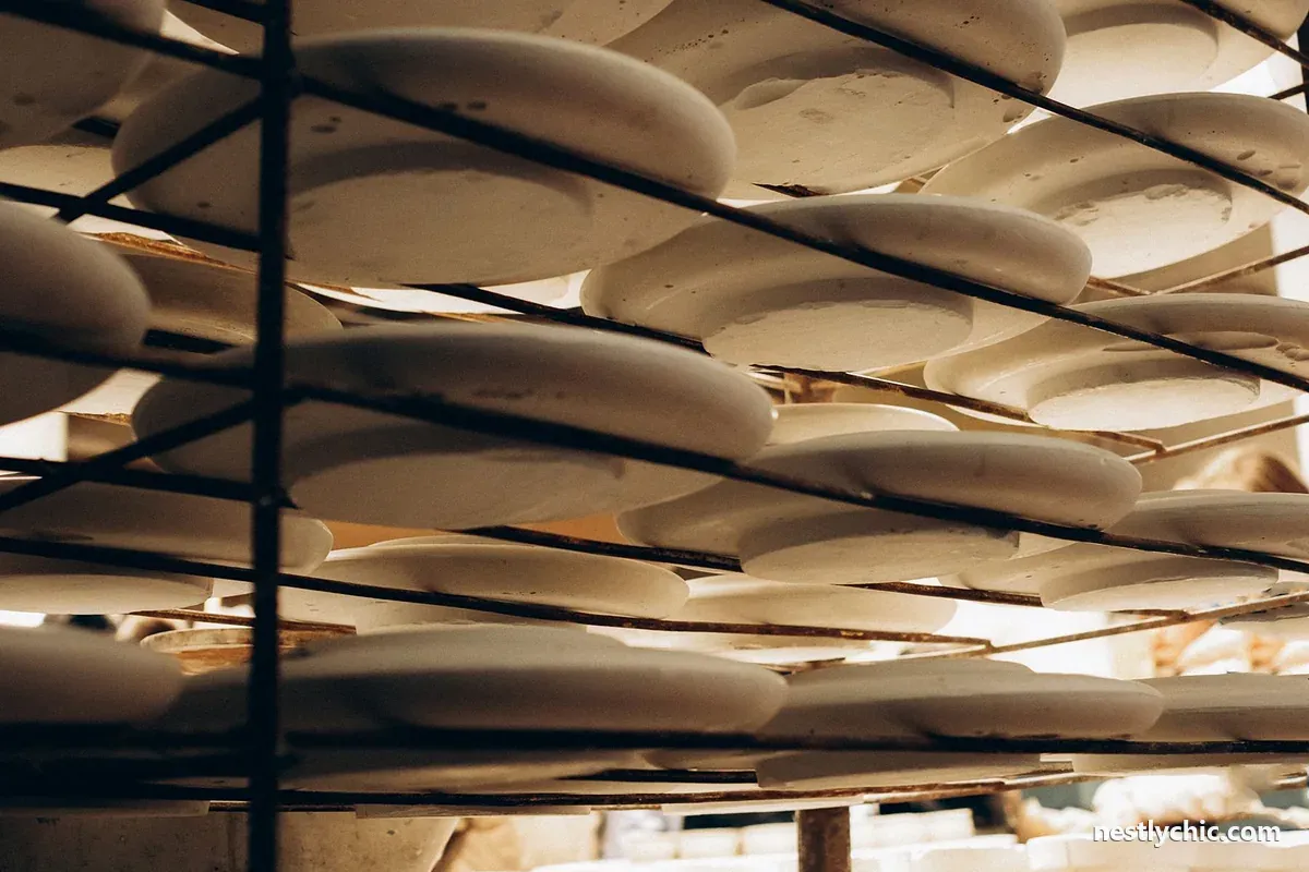 Rows of white plates stacked on metal shelves